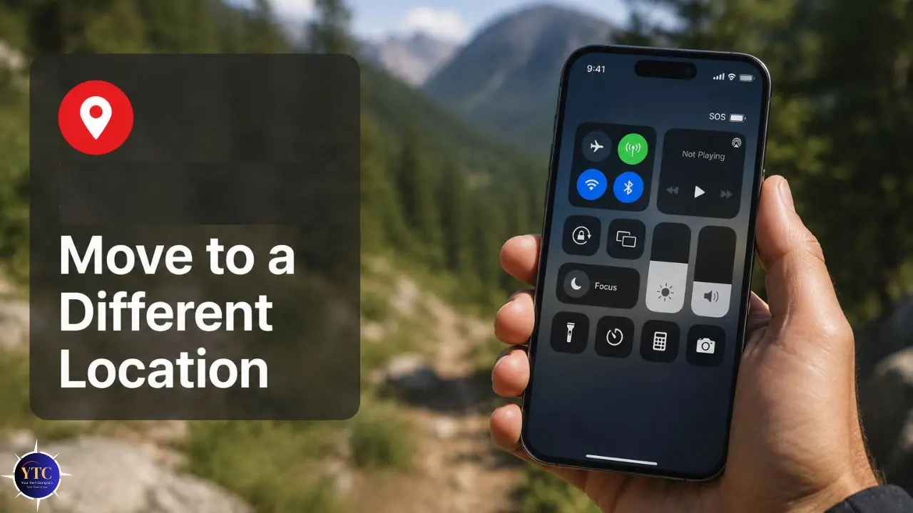 A hand holds a smartphone displaying its control center against a forested mountain backdrop. Text overlays read, "Move to a Different Location" with a location pin icon.