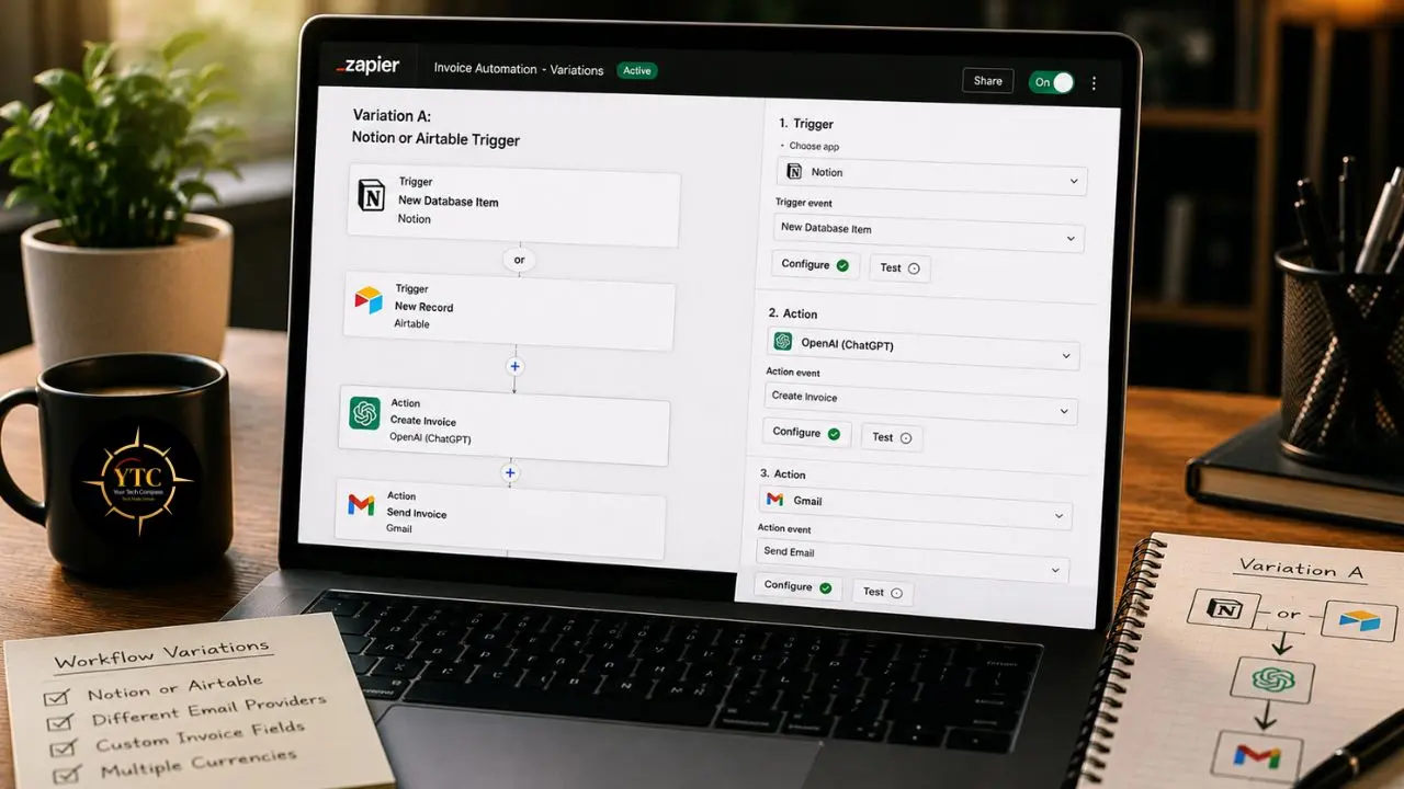 Laptop displaying a Zapier workflow automation for invoice generation using Notion/Airtable, OpenAI (ChatGPT), and Gmail, situated next to a mug and a notepad listing workflow variations.