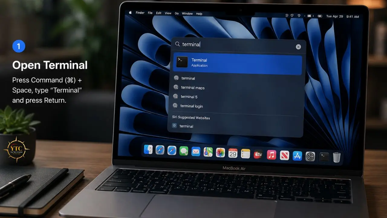 MacBook Air displaying Spotlight search with "terminal" typed, highlighting the Terminal application option over a blue abstract wallpaper.