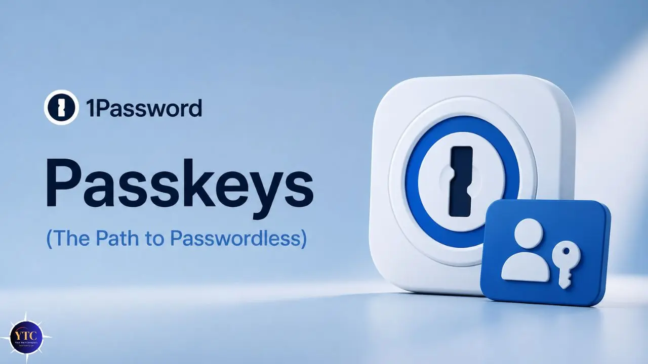 1Password Passkeys promotional image with a blue and white theme. It features the 1Password logo, a keyhole icon, and text reading 'The Path to Passwordless.'