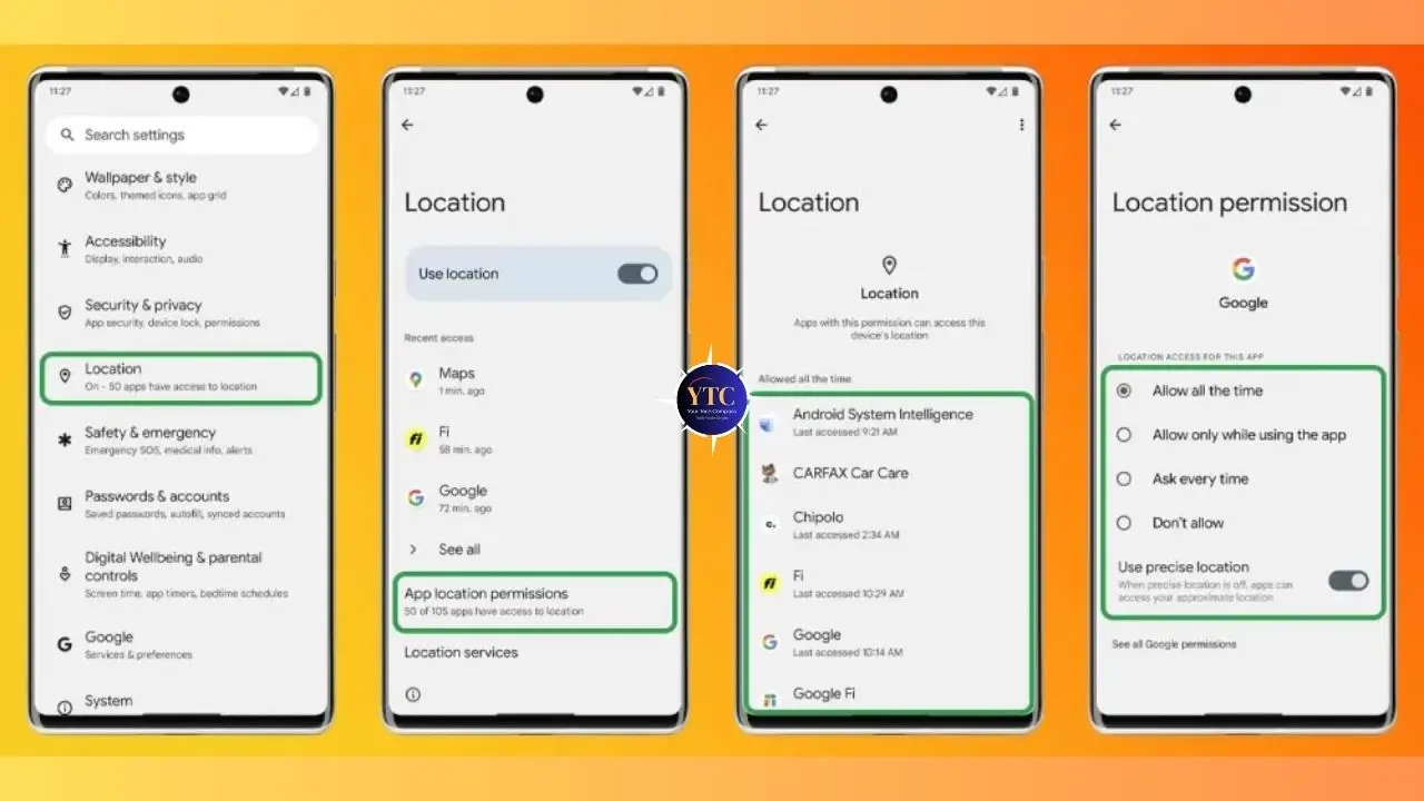 Four smartphone screens showing the process of changing location permissions in settings. The screens display options and toggles related to app permissions, such as allowing location access all the time or only while using the app. Bright orange background adds a modern, tech-savvy tone.