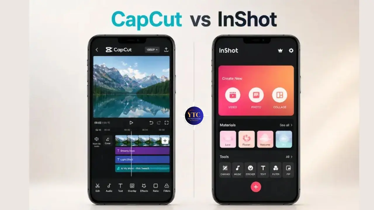 Side-by-side comparison of CapCut and InShot apps on smartphones. CapCut shows a video editing interface, while InShot displays creation options.