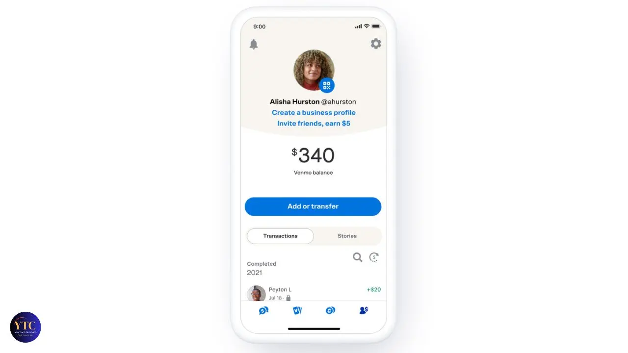 A smartphone screen displaying the Venmo app. User profile with a smiling picture shows a balance of $340. Options include 'Add or transfer.' Below are tabs for 'Transactions' and 'Stories.' The interface is clean, with friendly colors, conveying a user-friendly, positive tone.