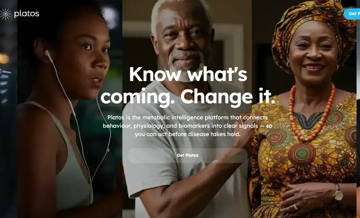 A diverse trio, including an athlete with earbuds, an elderly man smiling, and a woman in vibrant traditional clothing, conveys health and wellness. The text reads, 'Know what's coming. Change it', promoting a metabolic intelligence platform.