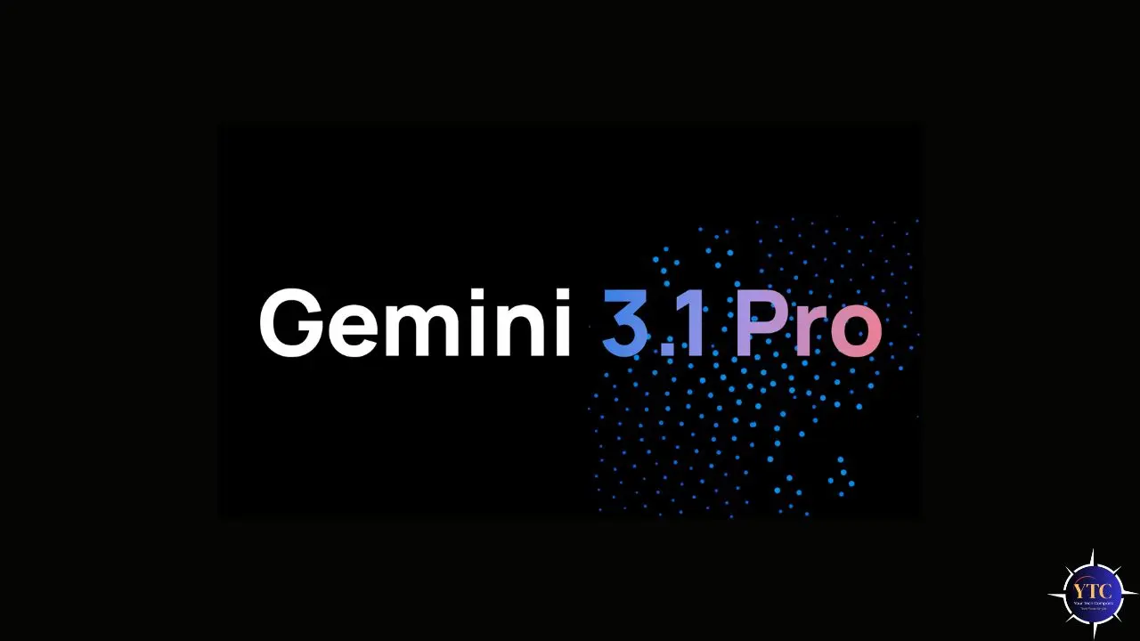 Text 'Gemini 3.1 Pro' on a black background, with '3.1' in blue and 'Pro' in pink. Blue dots surround the text, adding a digital, futuristic feel.