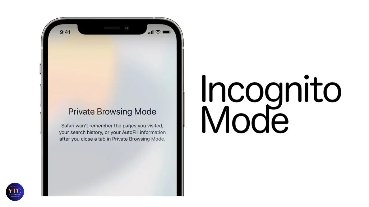 Smartphone screen showing "Private Browsing Mode" message alongside bold black text "Incognito Mode" on a white background, conveying privacy theme.