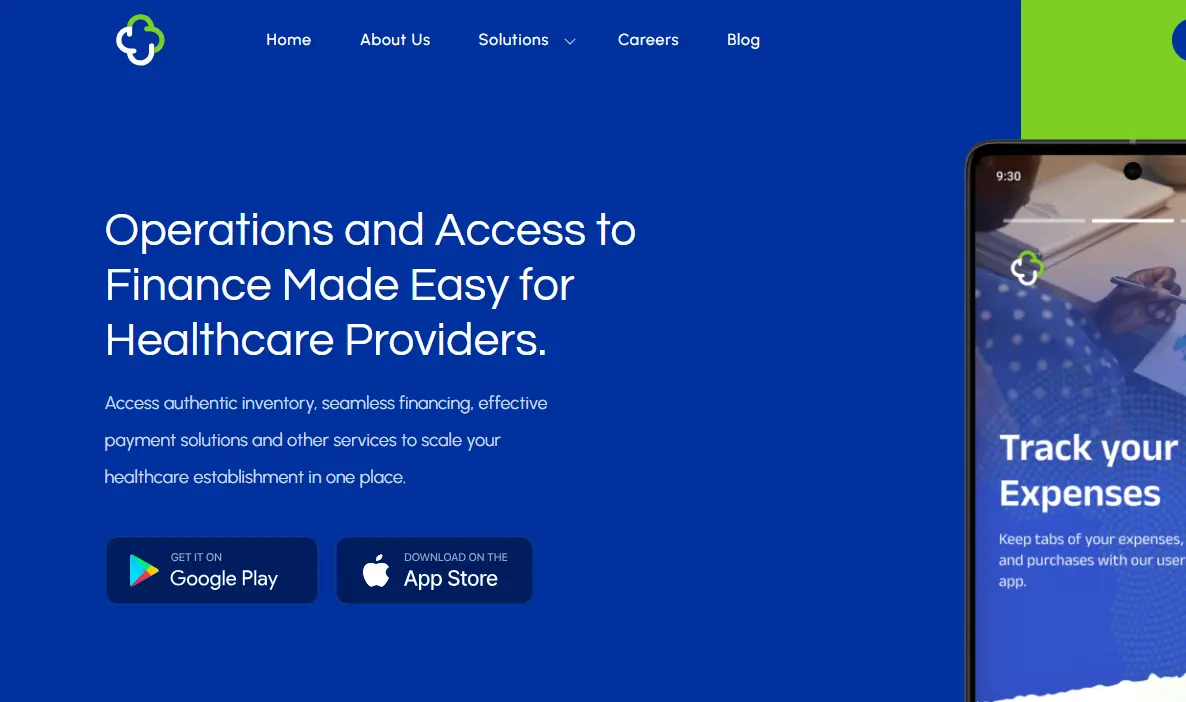 Website homepage featuring healthcare financial solutions text with download buttons for Google Play and App Store. Partial phone screen shows app.