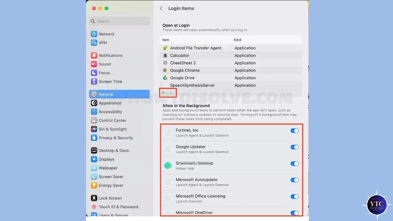 A Mac settings window displays the "Login Items" section. It shows a list of applications set to open at login and those allowed in the background.