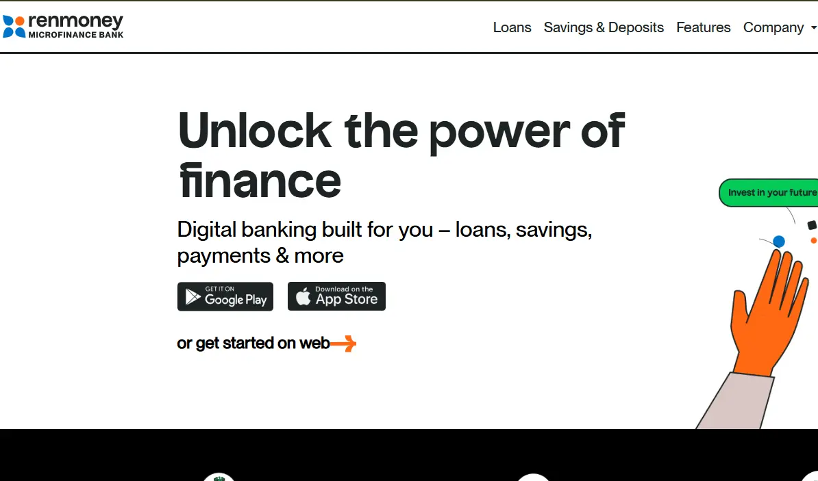 Renmoney website homepage featuring the slogan 'Unlock the power of finance' with app store links. Minimalist design with an orange hand illustration waving.