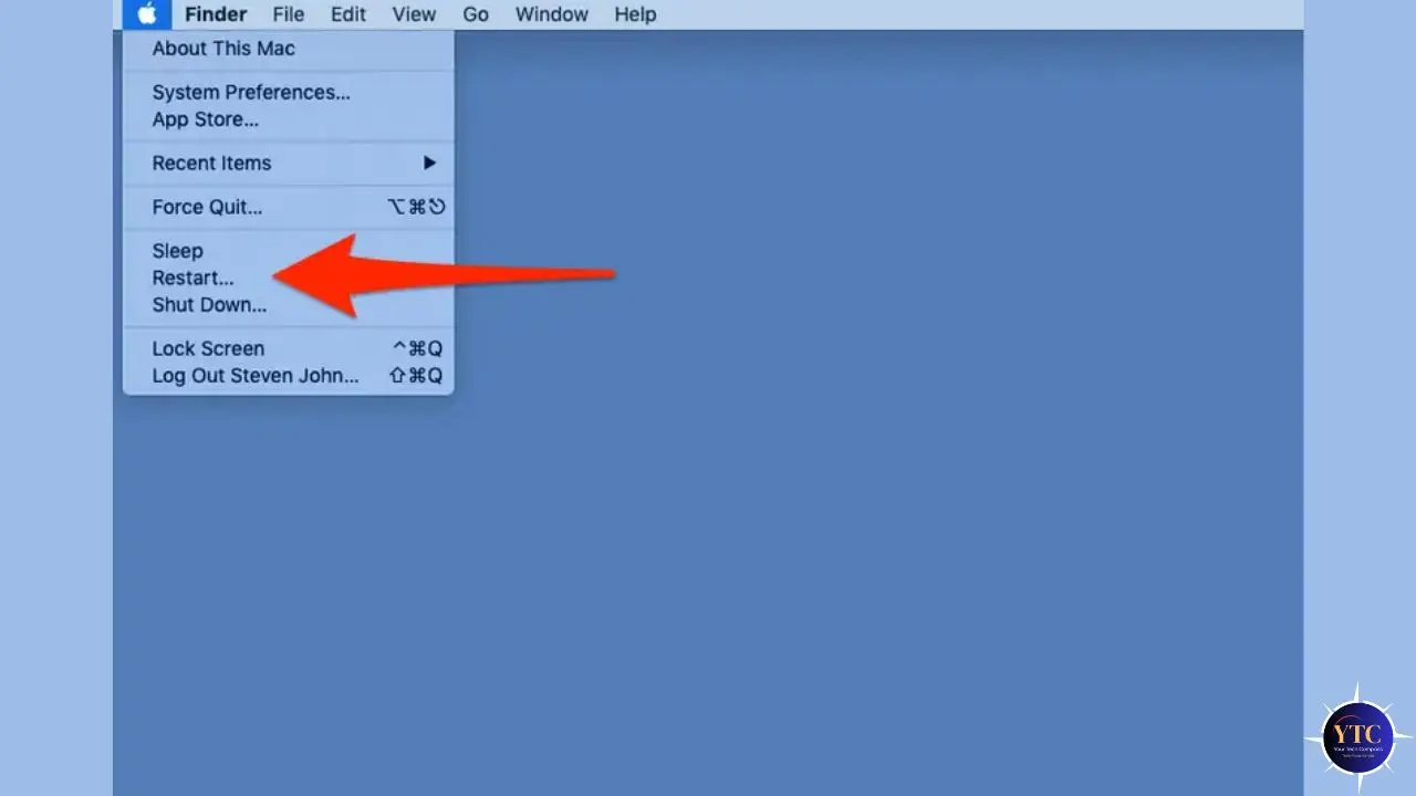 A macOS desktop menu highlights "Sleep," "Restart," and "Shut Down" options in blue with a red arrow pointing at "Restart," conveying system management.