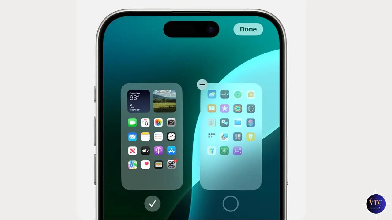 A smartphone screen displays a customizable home screen layout with app icons. Two app groups are shown, one selected. The background is a blue gradient.