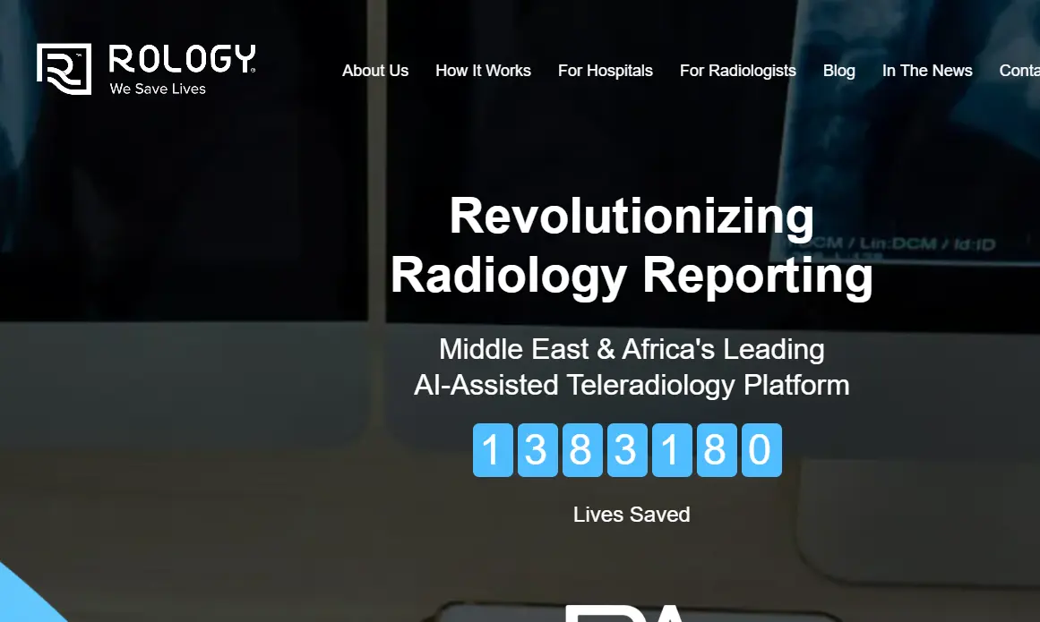 Rology website homepage showcasing its AI-assisted teleradiology platform. Headline reads 'Revolutionising Radiology Reporting.' A counter displays '1,383,180 Lives Saved.' The site emphasises innovative medical solutions, with a focus on saving lives.