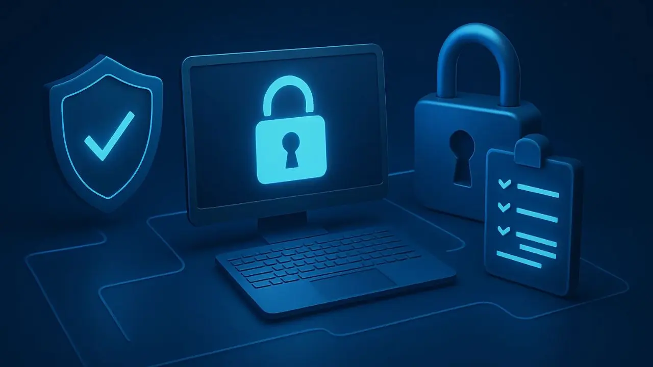 A digital security concept image displays a glowing lock on a computer screen, a padlock, a shield, and a checklist. The tone is secure and futuristic.