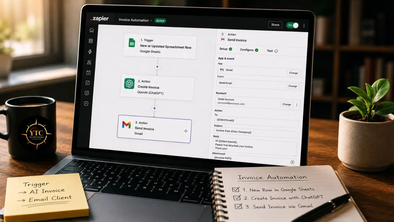 Laptop displaying a Zapier workflow for invoice automation integrating Google Sheets, ChatGPT, and Gmail next to a notepad and coffee mug.