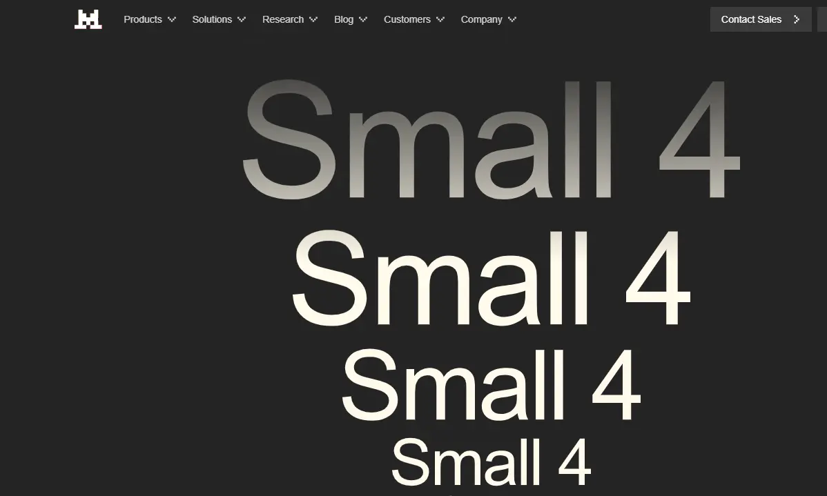 Text on a dark background repeating "Small 4" in various font sizes. The layout features a navigation bar at the top with company-related links.