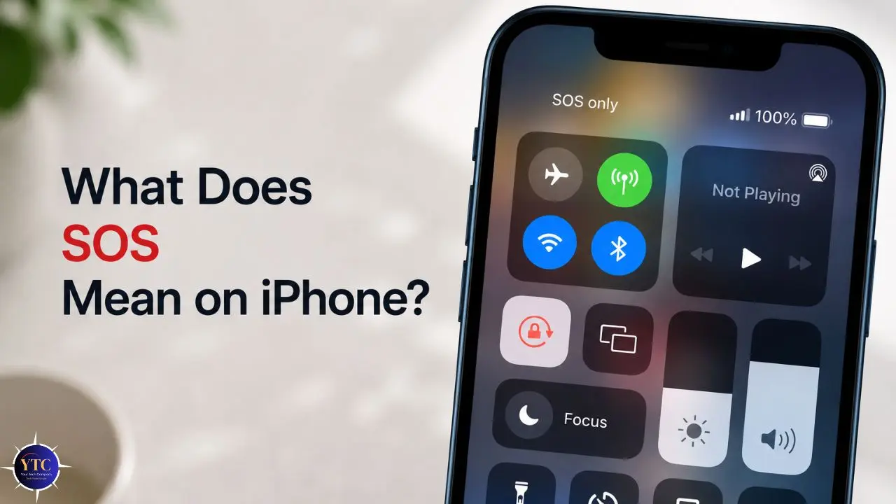 Close-up of an iPhone control center with "SOS only" status. Text reads: "What Does SOS Mean on iPhone?" The tone is informative and curious.