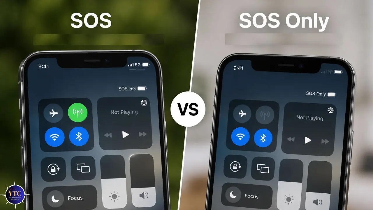 Split-screen image comparing two smartphones' control centers. Left shows "SOS," right shows "SOS Only." Central "VS" highlights the comparison.