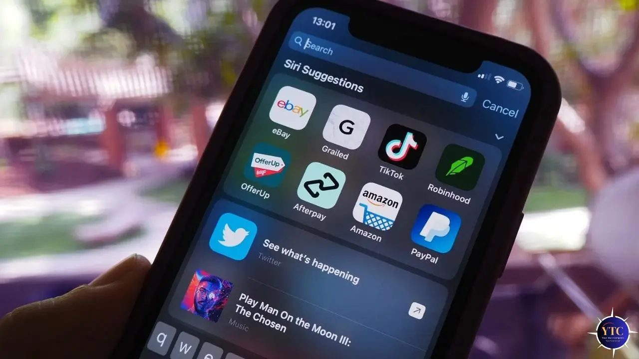 A smartphone screen displays Siri Suggestions with app icons like eBay, TikTok, and Amazon. The blurred background suggests an outdoor setting.
