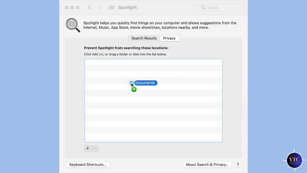 Screenshot of Mac Spotlight privacy settings showing a file location being added. The interface includes options for search results and privacy, with a blue and white theme.