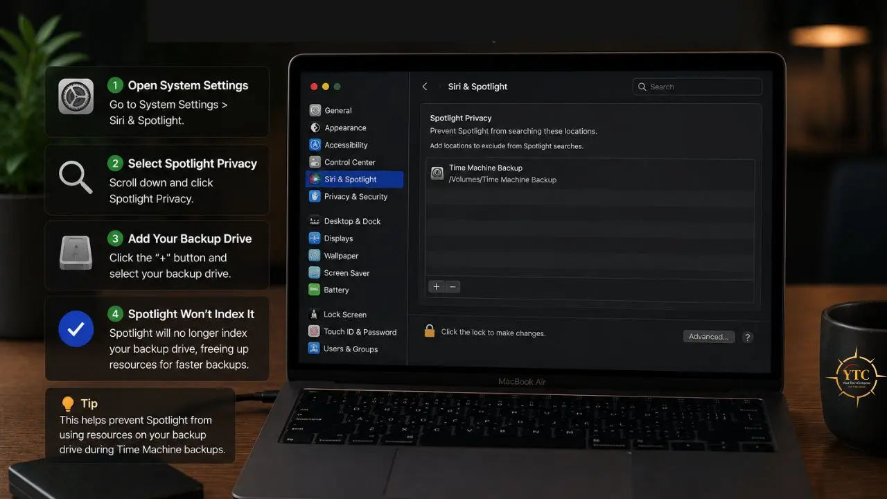 MacBook Air screen displaying instructions on excluding a Time Machine Backup drive from Spotlight indexing in macOS System Settings, beside a black mug with a gold YTC logo.