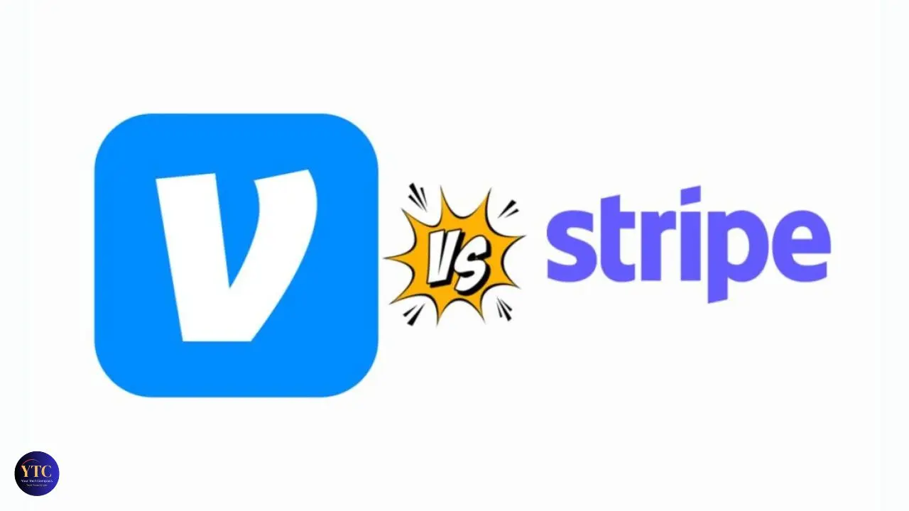 Blue Venmo logo on left, purple Stripe text on right, separated by a yellow comic-style "VS" burst. Bright, competitive tone.