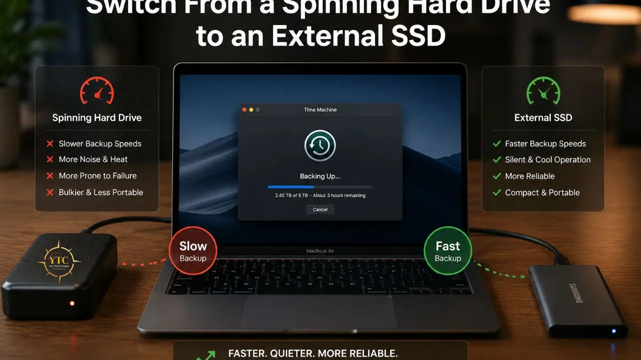 A comparison graphic illustrating the upgrade from a spinning hard drive to an external SSD for faster backup on a MacBook, showing a slow Time Machine backup versus a fast one.
