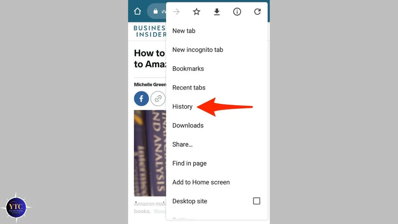 A smartphone browser menu highlights "History" with a red arrow. The background shows a partially visible article about Amazon from Business Insider.