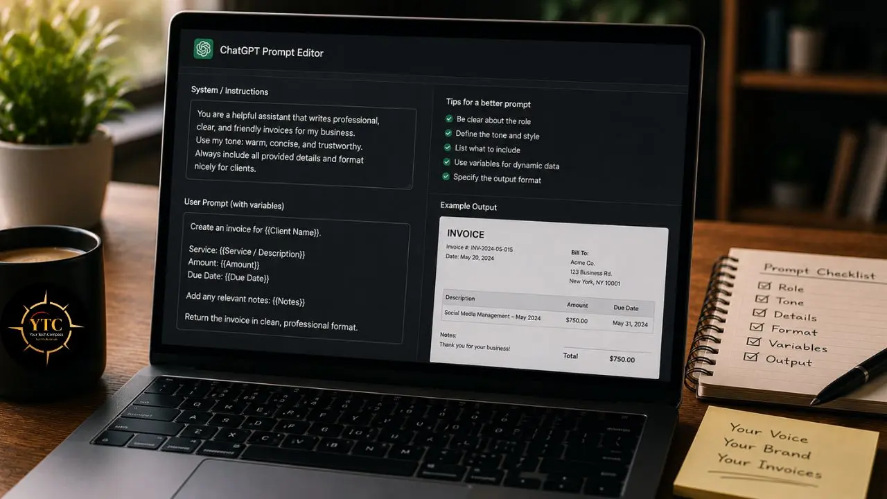 Laptop screen displaying a ChatGPT Prompt Editor interface for creating professional invoices next to a notepad with a prompt checklist and a mug.