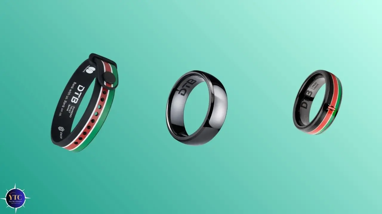 Three wearable devices on a teal gradient background: a smart wristband with black, red, and green straps; a sleek black ring; and a striped ring in black, red, and green.