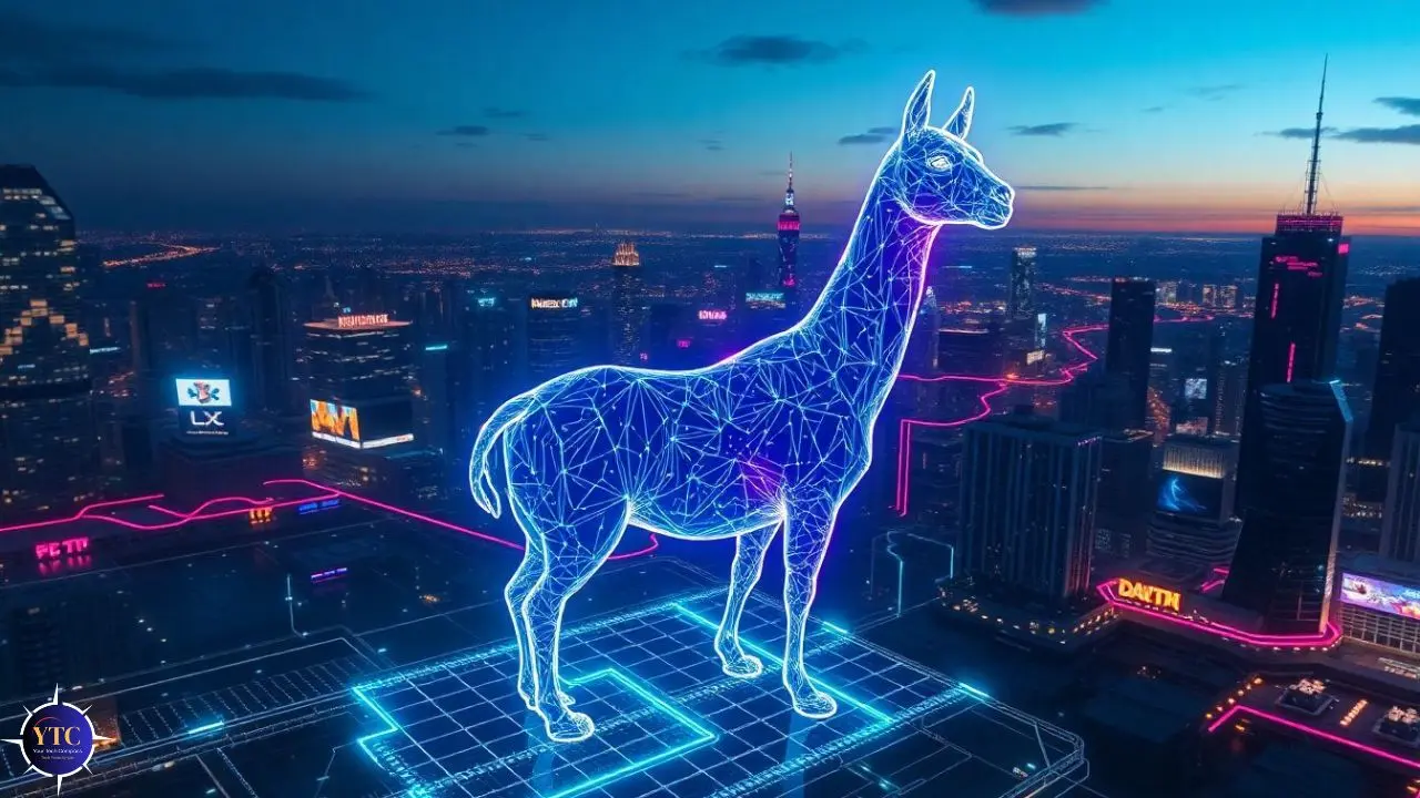 A glowing, digital wireframe llama stands atop a skyscraper, overlooking a futuristic cityscape illuminated by vibrant neon lights against a twilight sky.