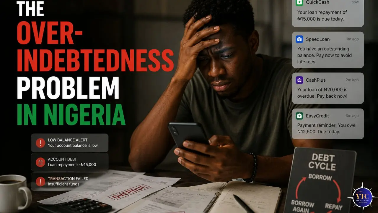A worried man holds his head, looking at his phone surrounded by overdue bills and alerts. Text reads: "The Over-Indebtedness Problem in Nigeria."