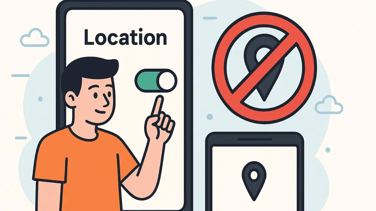 Illustration of a person in an orange shirt pointing to a location toggle switch on a smartphone, with a prohibited location pin symbol nearby. Emphasizes privacy.