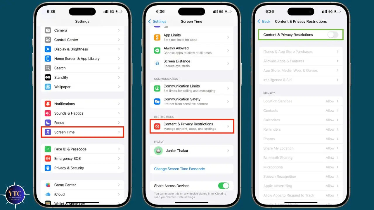 Three smartphone screens showing steps to access "Content & Privacy Restrictions" in iOS settings. Screens highlight navigating through options.