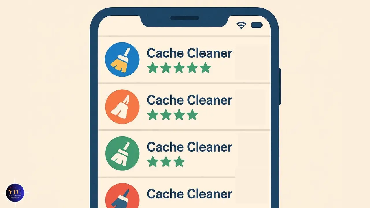 Illustration of a smartphone screen showing a list of "Cache Cleaner" apps with various colored icons, each with five-star ratings, suggesting high user satisfaction.