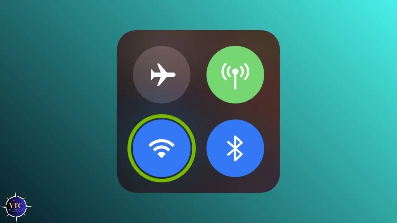 A control center interface shows four icons: airplane mode, cellular, Wi-Fi, and Bluetooth, on a gradient blue background. Modern and tech-focused.