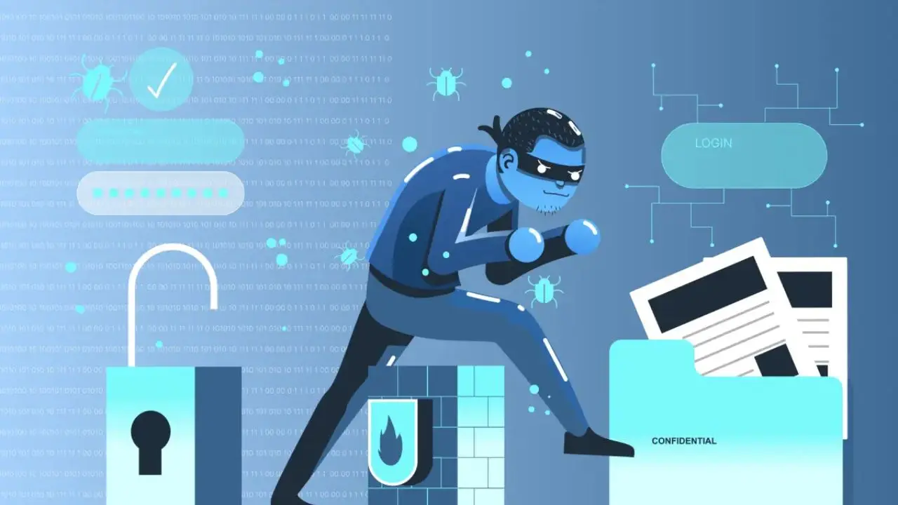 Illustration of a masked thief in a digital environment, sneaking towards a file labeled 'Confidential'. Background shows icons like locks, bugs, and binary code, suggesting cybercrime.