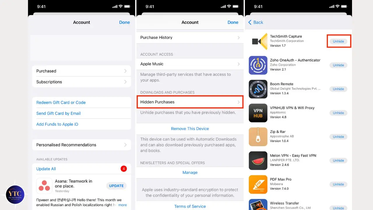 Three smartphone screenshots showing steps to unhide purchases in an account settings menu. The option "Hidden Purchases" is highlighted, and "Unhide" buttons are shown.