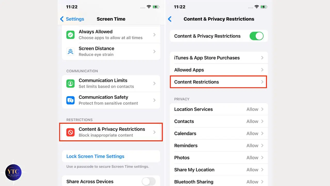 iPhone settings screen showing options for managing screen time and content restrictions. Features toggles for communication limits and privacy settings.