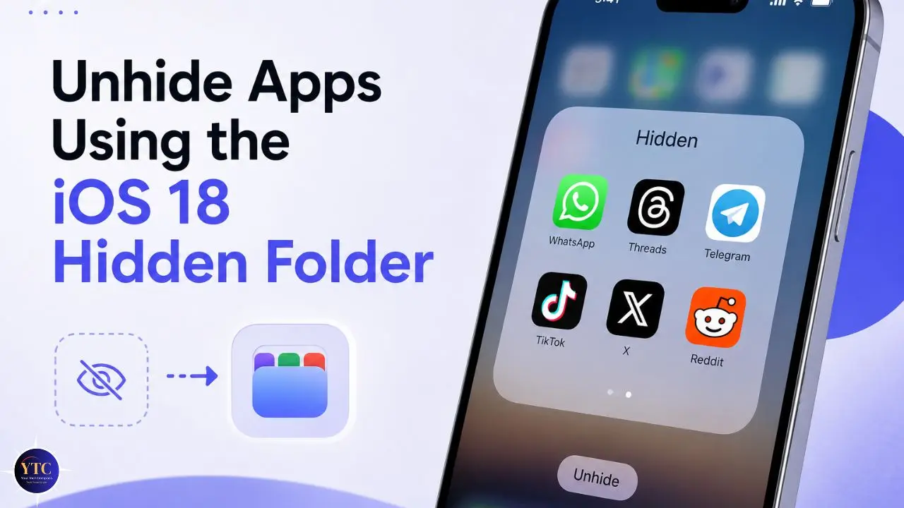 The image shows a phone screen displaying a "Hidden" folder with apps like WhatsApp, Threads, and TikTok. Text reads "Unhide Apps Using the iOS 18 Hidden Folder." Emojis and icons are used, conveying a tech tutorial theme.