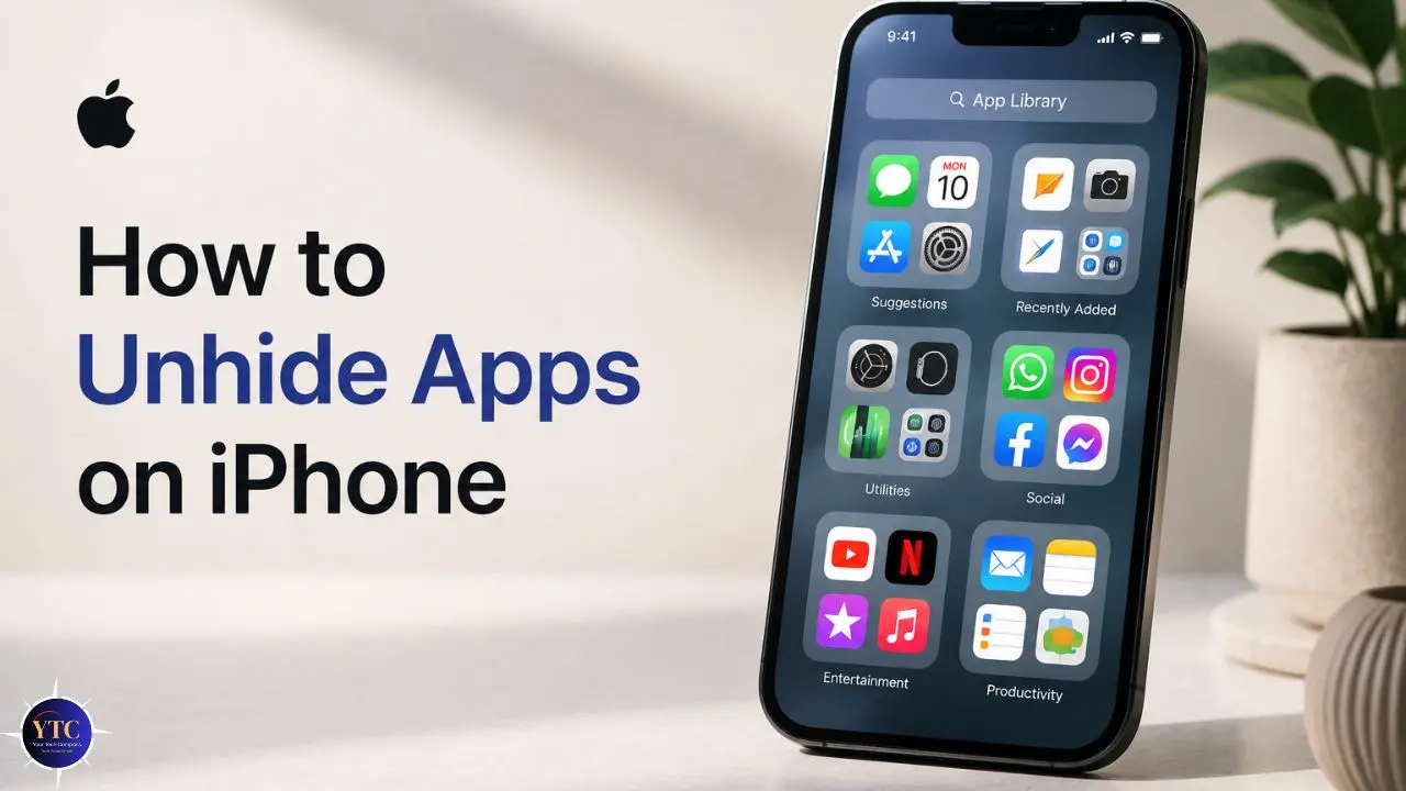An iPhone displaying the App Library screen is propped up on a table next to a plant. Text reads "How to Unhide Apps on iPhone" with a minimalist, informative tone.