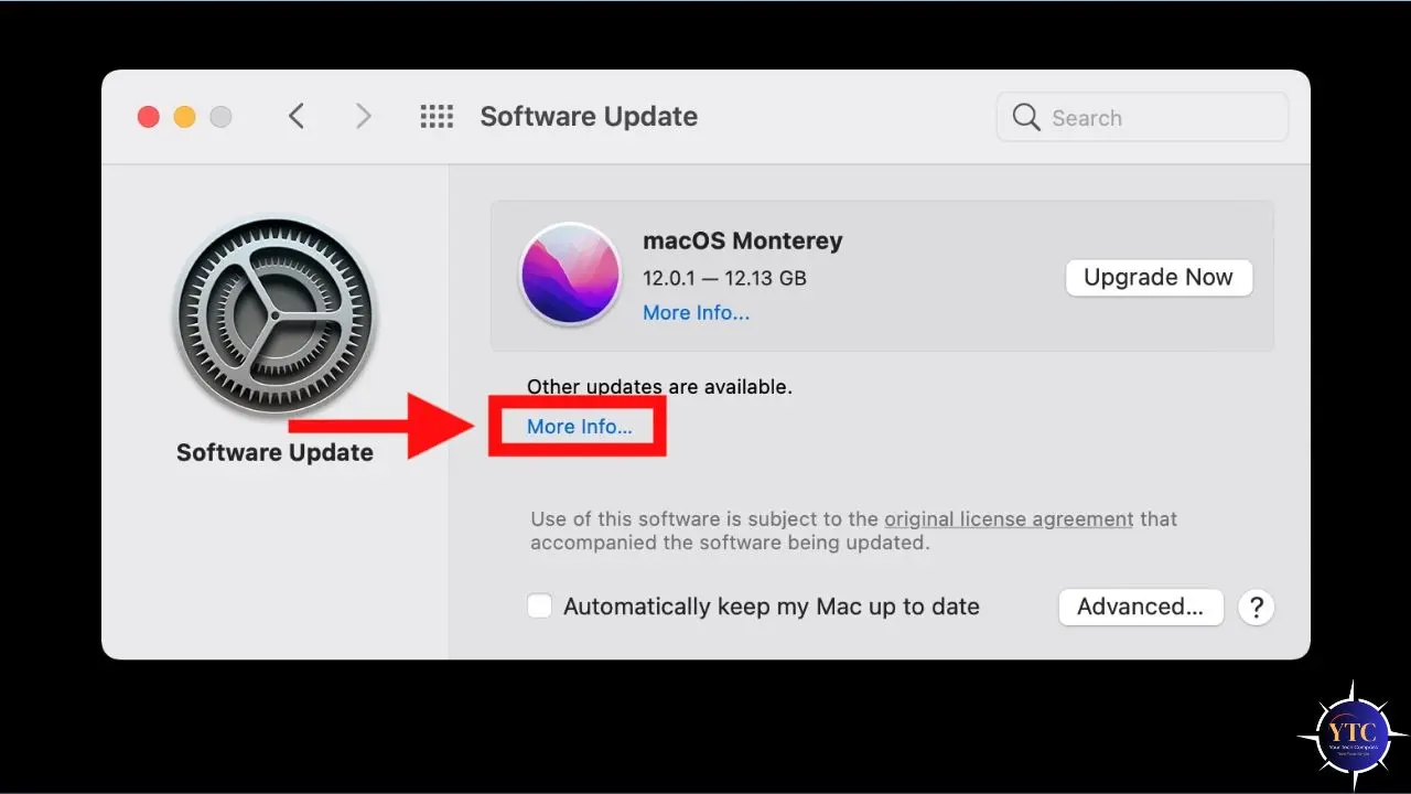 Software Update window on a Mac, showing macOS Monterey 12.0.1 available for upgrade with a 'More Info' link highlighted in red.