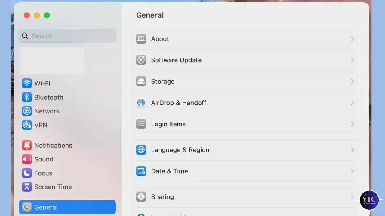 A Mac settings window displaying options like Wi-Fi, Bluetooth, and General. "General" is selected, showing About and Software Update. Interface is clean.