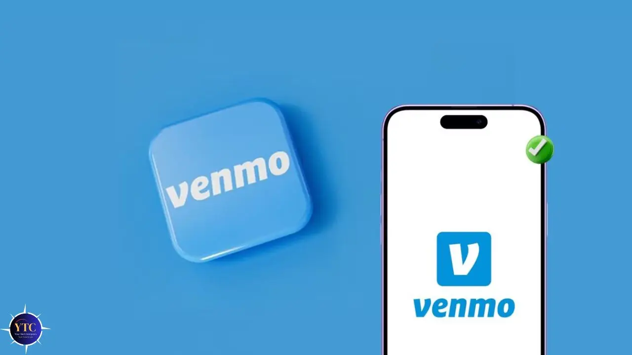 Blue Venmo app button beside smartphone displaying Venmo logo on screen; green check mark at top right. Clean, modern design conveys digital payment concept.