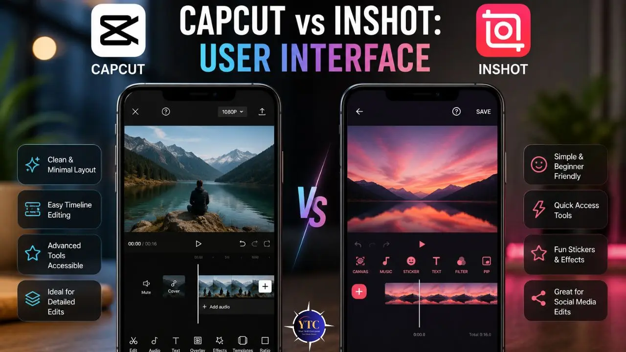 Split image comparing CapCut and InShot user interfaces on smartphones. CapCut features a clean layout, while InShot is simple and social media-friendly.
