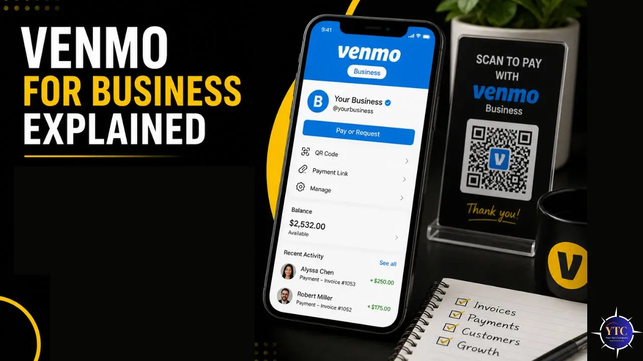 Venmo for Business Explained image featuring a smartphone displaying the Venmo app business interface with balance and recent activities. A QR code sign and a checklist with keywords: Invoices, Payments, Customers, Growth are on a desk. Bright and informative tone.