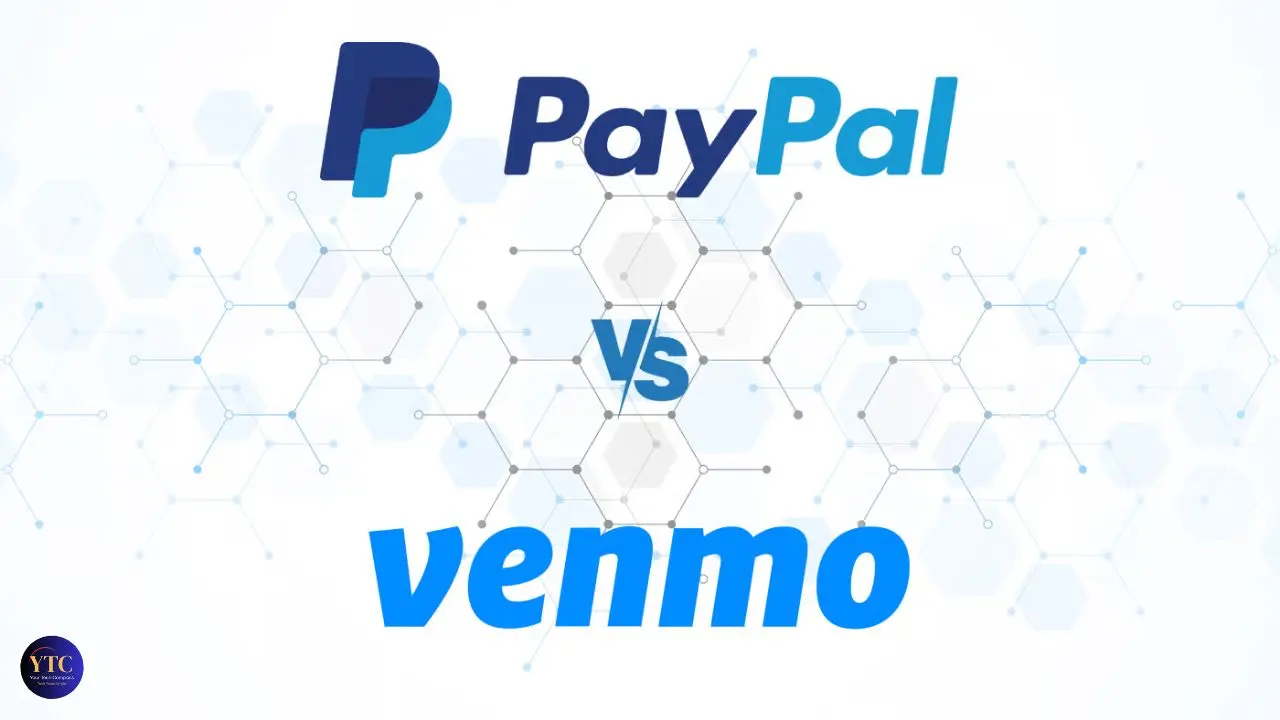 Logos of PayPal and Venmo are centered against a background of interconnected hexagons, with "vs" in the middle, symbolizing comparison.