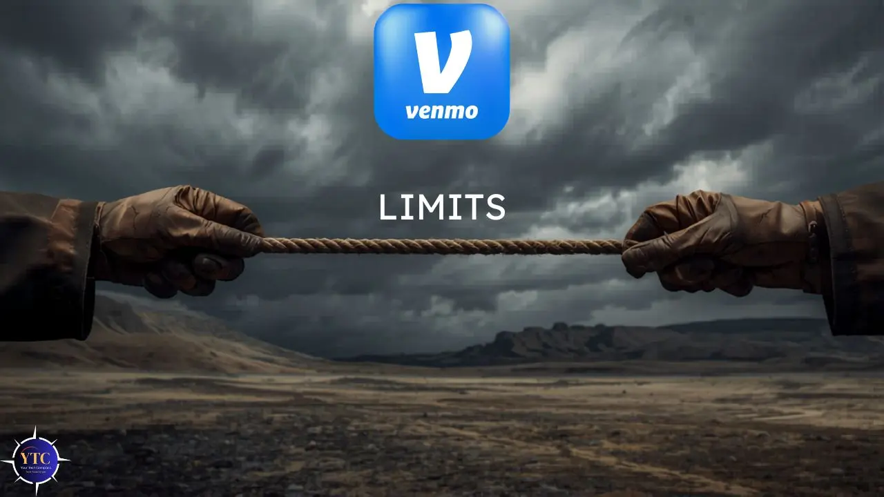 Two hands in gloves pull a rope against a stormy landscape. Above, the Venmo logo and the word "Limits" suggest tension and challenge.