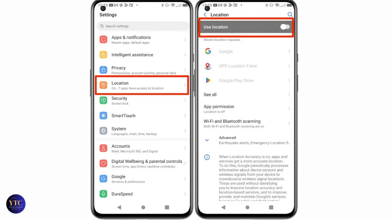 Two smartphone screens display location settings. The left screen highlights "Location" in red within "Settings." The right screen shows "Use location" toggled off.