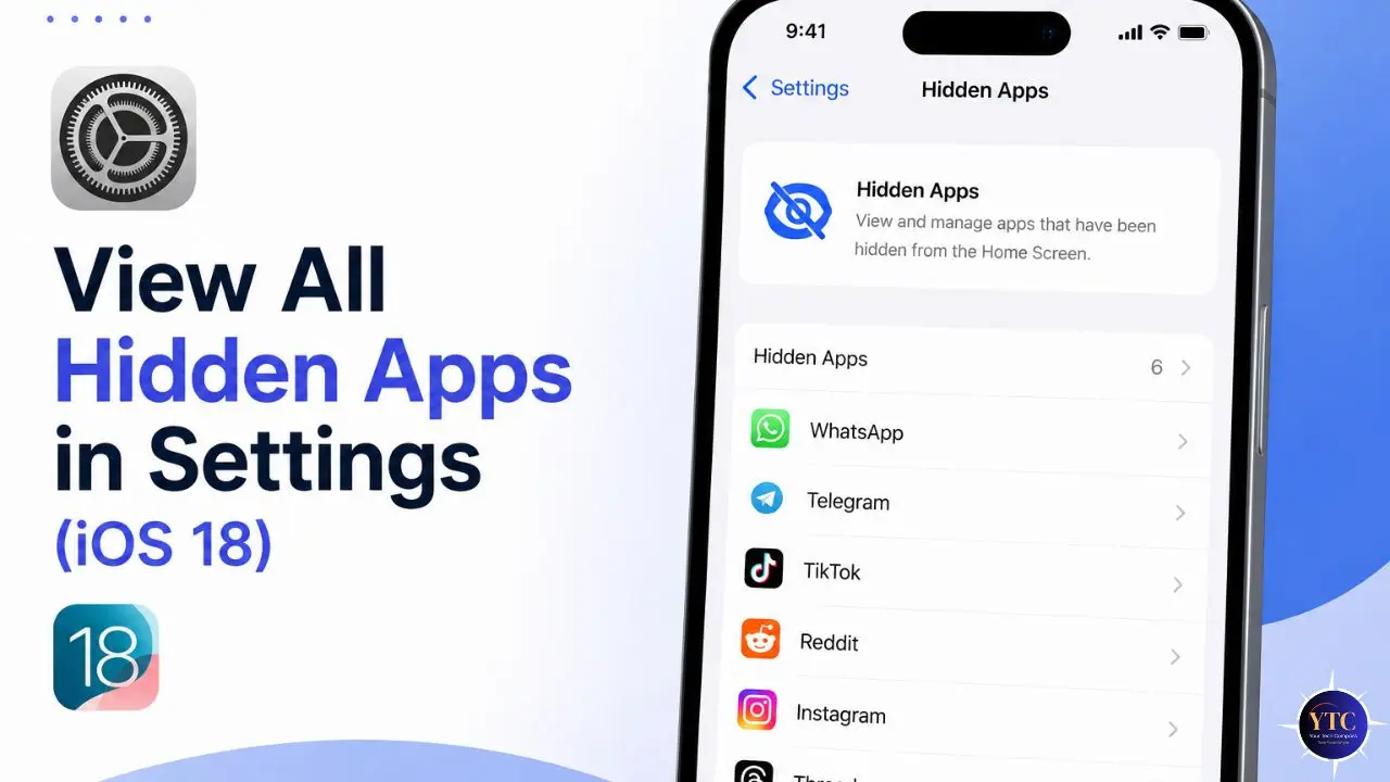 iOS 18 screen showing 'Hidden Apps' settings. Visible apps include WhatsApp, Telegram, TikTok, Reddit, Instagram. Blue and white interface.