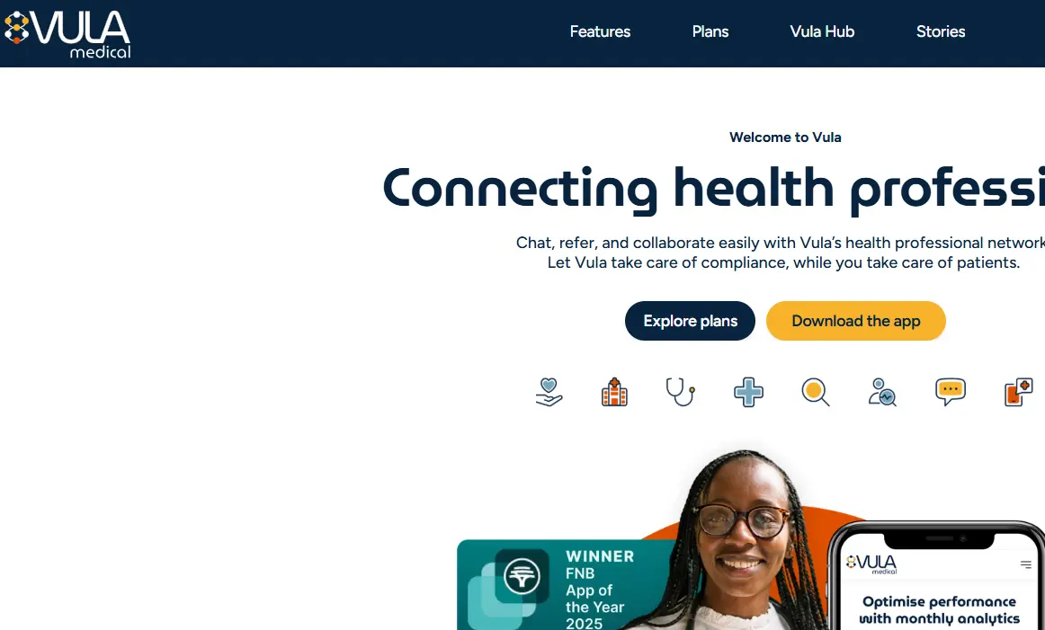 Vula Medical homepage with tagline "Connecting health professionals." Features buttons for exploring plans and downloading the app. Woman smiling, phone display, award badge.